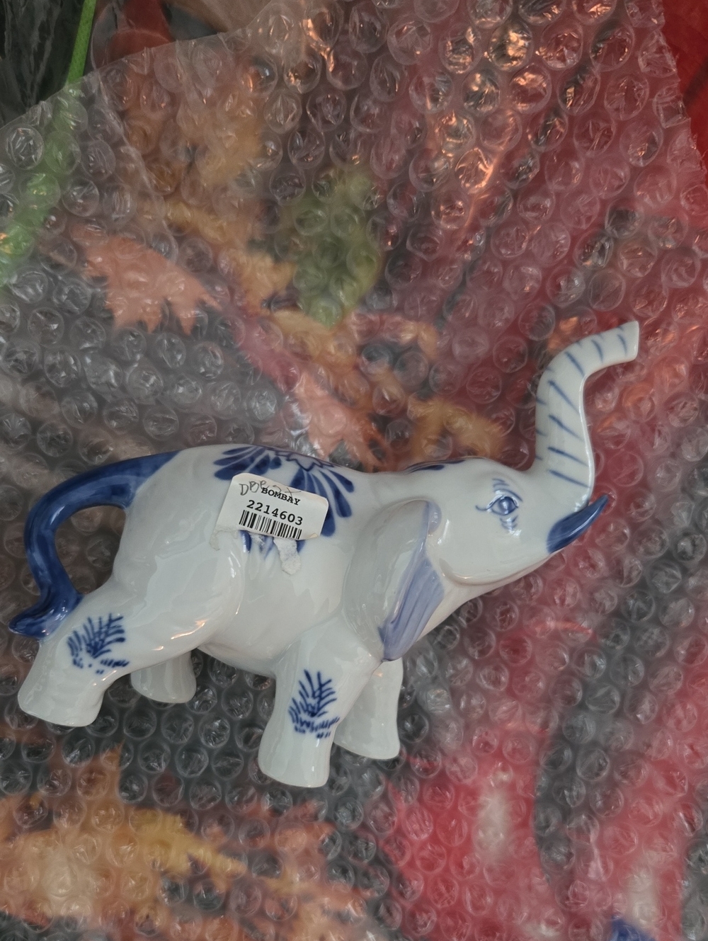 Blue & White Elephant Figurine Ceramic Décor by